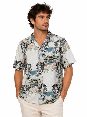 Rebel Vengeance Cherub Tapestry Button Up Shirt Small Tropical Angel Gothic